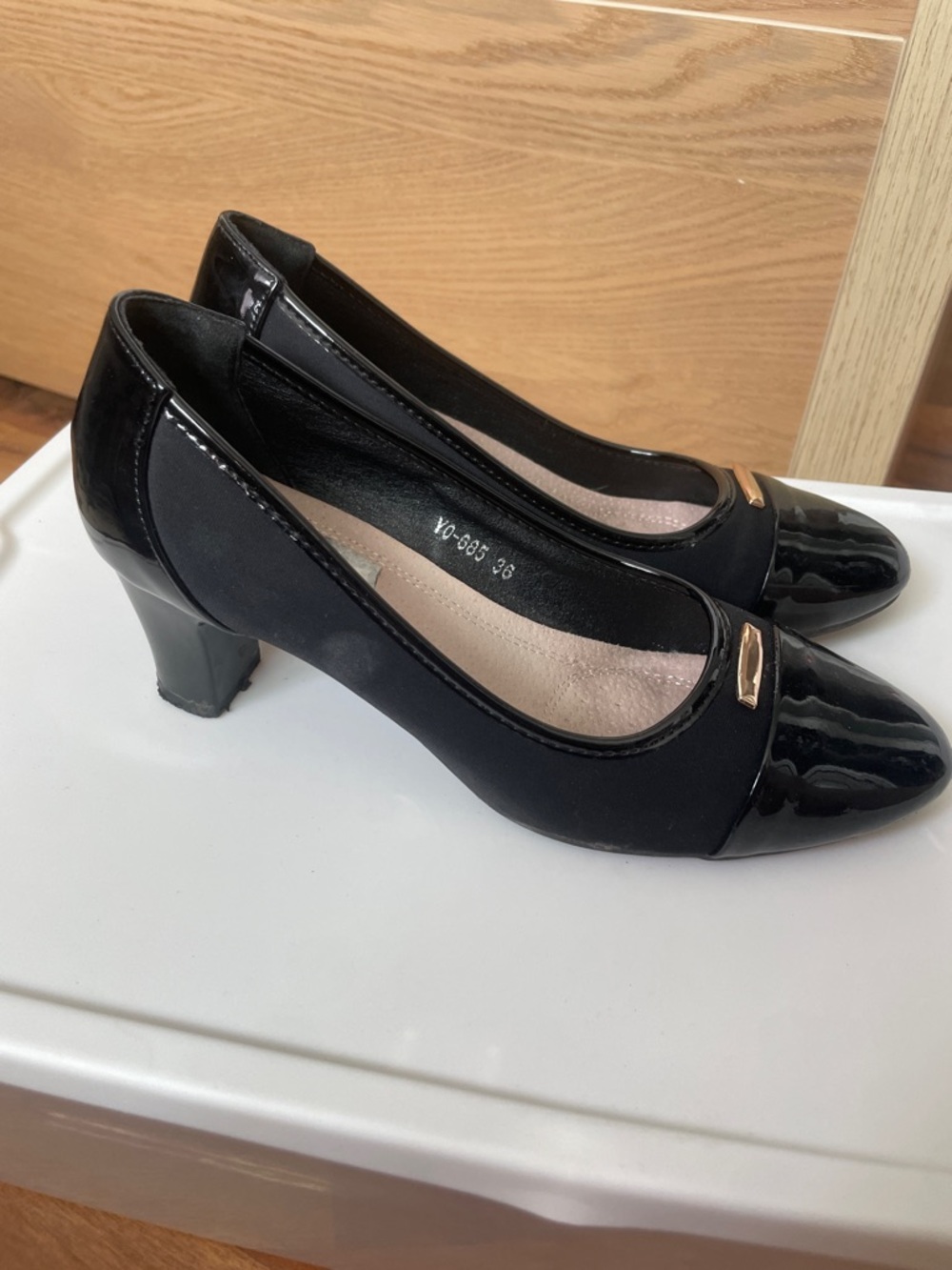 Classic Black Block Heel with Gold Accent